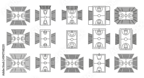 Multiple perspectives of a basketball court layout design.
