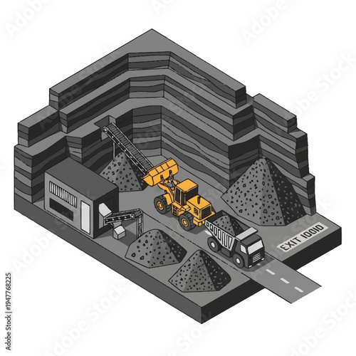 Isometric illustration of a quarry with a loader filling a truck with material, conveyor belt, and an exit road.