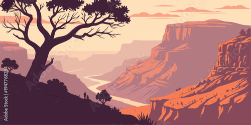 A tree on the edge of the grand canyon at sunset Vector