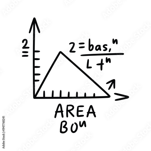 Hand drawn illustration depicting a triangle with mathematical notations and area label