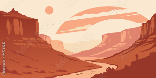 A pixel art canyon landscape with a river and sunset Vector