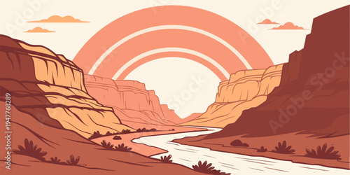 A serene desert canyon landscape at sunset Vector