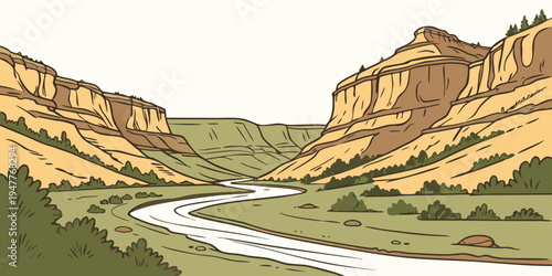 A serene river flowing through a valley surrounded by mountains Vector