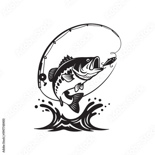 Jumping Bass Fish Catching Lure Vector Illustration, Fishing Rod and Water Splash Silhouette Vector