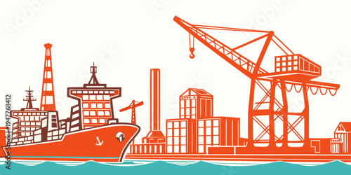 A large cargo ship docked at a port with a crane Vector