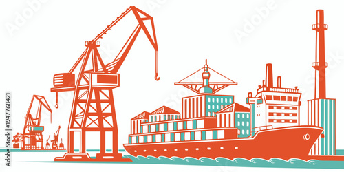 A large cargo ship docked at a busy port with cranes Vector