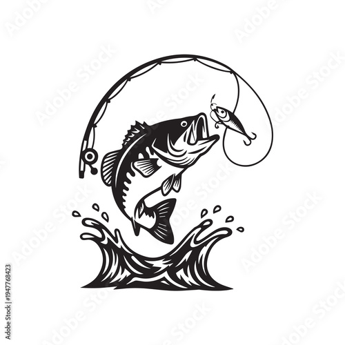 Jumping Bass Fish Catching Lure Vector Illustration, Fishing Rod and Water Splash Silhouette Vector