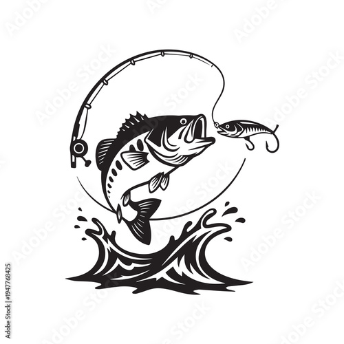 Jumping Bass Fish Catching Lure Vector Illustration, Fishing Rod and Water Splash Silhouette Vector