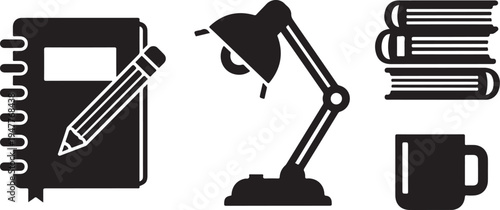 Study desk with books, lamp, and coffee cup icons