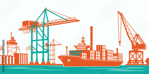 Cargo ship and cranes at a port facility Vector