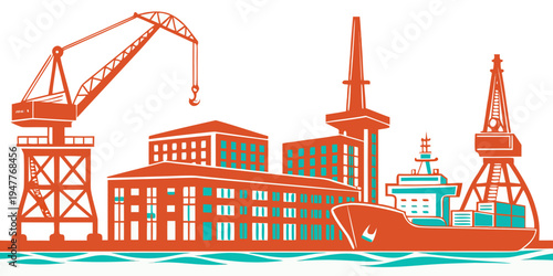 Industrial port with cranes and buildings Vector