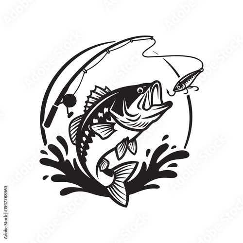 Jumping Bass Fish Catching Lure Vector Illustration, Fishing Rod and Water Splash Silhouette Vector