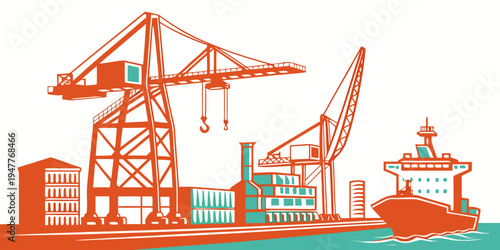 A large crane and a tug boat in a harbor Vector