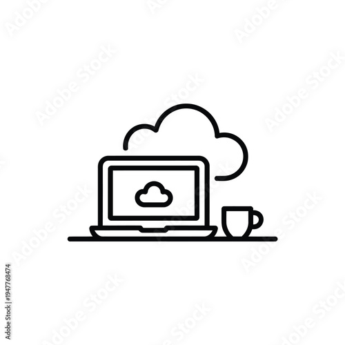 Laptop cloud and coffee mug in a simple line art illustration