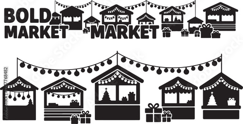 Black and white Christmas market illustration with bold text