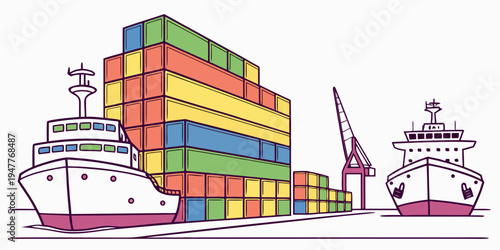 Cargo ships and containers at a port Vector