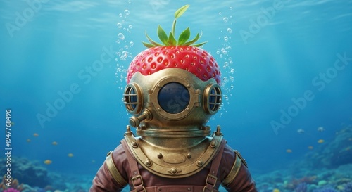 Surreal Underwater Adventure - Strawberry Diver in the Deep Blue Sea.