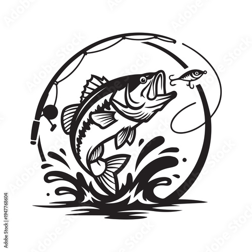 Jumping Bass Fish Catching Lure Vector Illustration, Fishing Rod and Water Splash Silhouette Vector