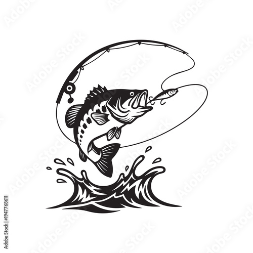 Jumping Bass Fish Catching Lure Vector Illustration, Fishing Rod and Water Splash Silhouette Vector