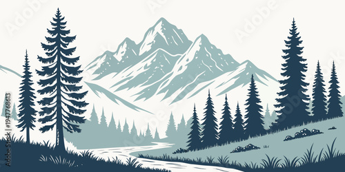 A scenic mountain landscape with trees and mountains Vector