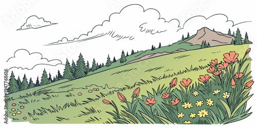 A field of flowers with a house in the distance Vector