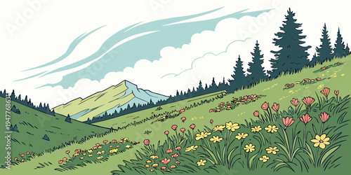 A serene landscape of a green hillside with colorful flowers and trees Vector