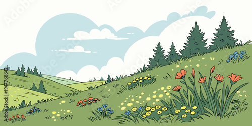 A green hillside with colorful flowers and trees Vector