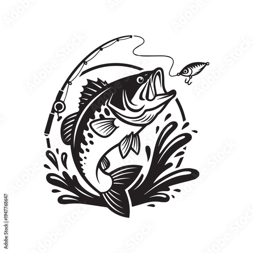 Jumping Bass Fish Catching Lure Vector Illustration, Fishing Rod and Water Splash Silhouette Vector