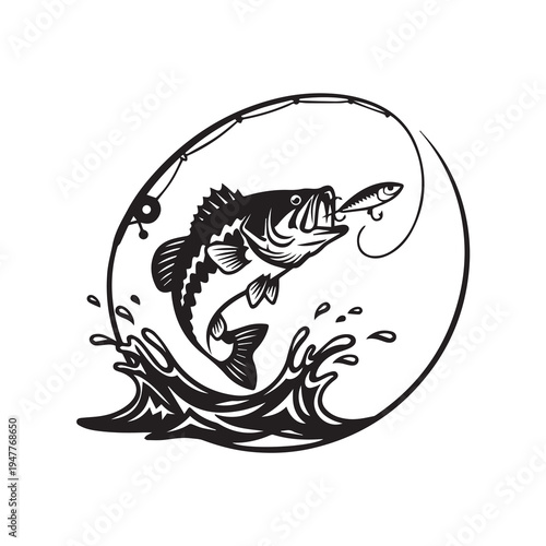 Jumping Bass Fish Catching Lure Vector Illustration, Fishing Rod and Water Splash Silhouette Vector