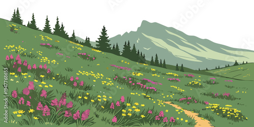 A field of pink and yellow flowers on a green hillside Vector