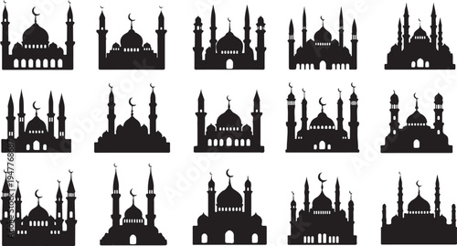 Collection of mosque silhouettes in various architectural styles worldwide