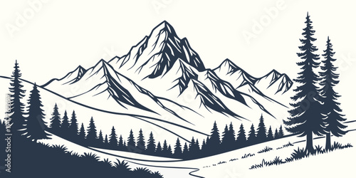 A mountain range with trees on a snowy landscape Vector