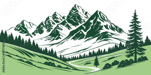 A green and white mountain range with trees Vector