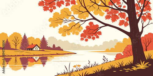 A tree with red and yellow leaves by a lake Vector