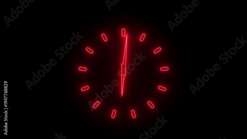 Glowing neon clock icon animation isolated on black background,circle analong watch icon on black backgrouynd,