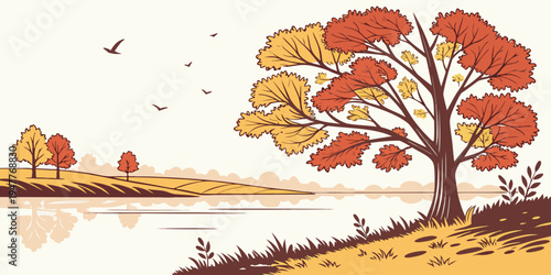 A tree with orange and yellow leaves on the riverbank Vector