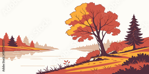 A colorful autumn landscape with a tree by a lake Vector