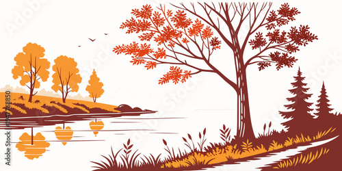 A serene landscape with trees and a body of water Vector