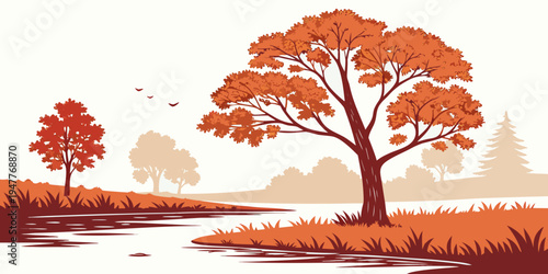 A large tree with orange leaves stands by a river Vector