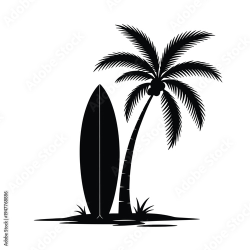 A black silhouette of a palm tree and surfboard on an island