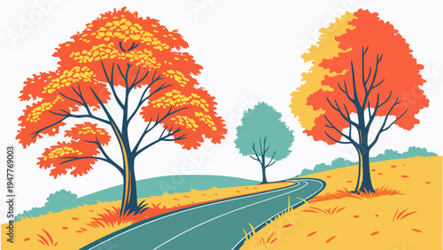 A scenic road lined with colorful trees in autumn Vector