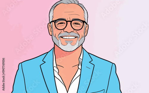 A man with gray hair and glasses wears a blue blazer and smiles. He stands in front of a light pink background.