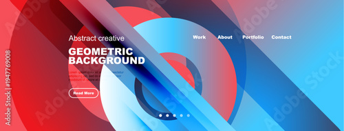 Abstract website header design. Vibrant colors, geometric shapes, navigation menu present. Modern style, clean layout.