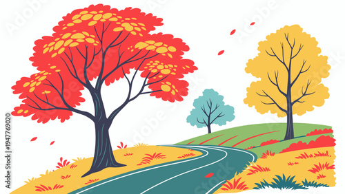 A colorful autumn scene with trees and a winding road Vector