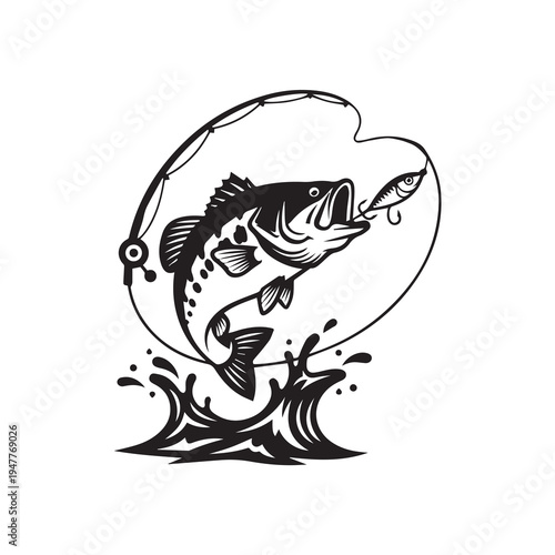 Jumping Bass Fish Catching Lure Vector Illustration, Fishing Rod and Water Splash Silhouette Vector