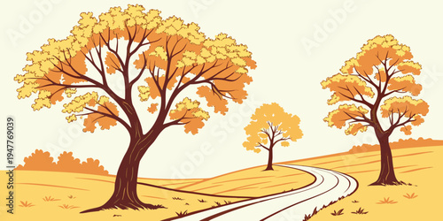 A cartoon illustration of trees with yellow leaves on a hillside Vector