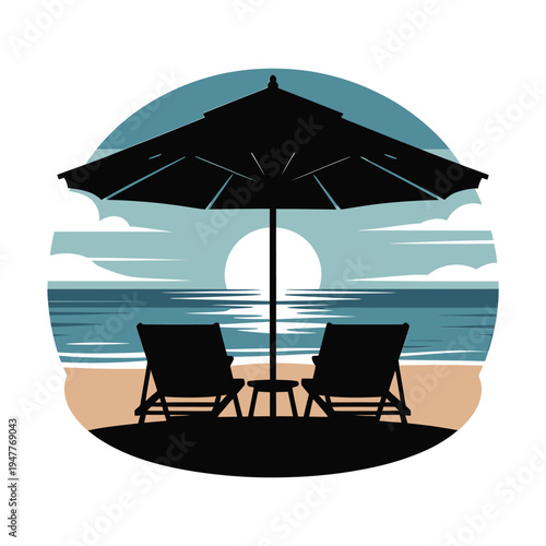 Beach scene with two lounge chairs under a parasol at sunset