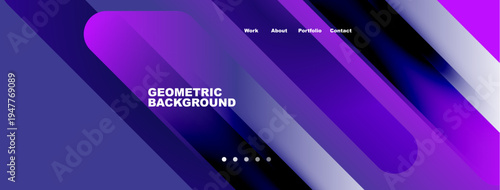 Abstract geometric background. Gradient purple hues dominate design. Navigation links present at top. Minimalist aesthetic.