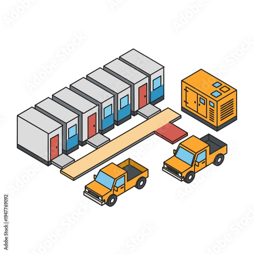 Isometric illustration of modular portable cabins, pickup trucks, and a generator, representing temporary housing or site facilities.