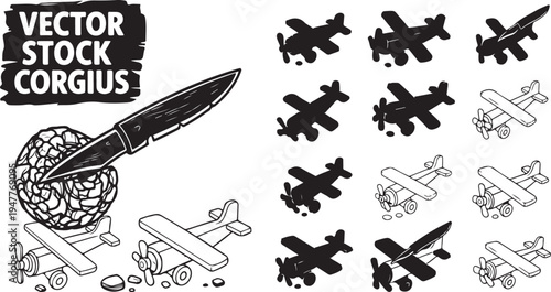 Vector illustration of airplanes and globe with missile attack